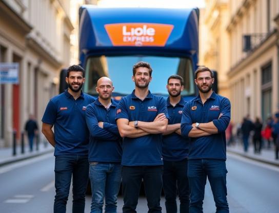 L’équipe Livraison Express France devant leur camion à Lyon, en pleine préparation de tournée